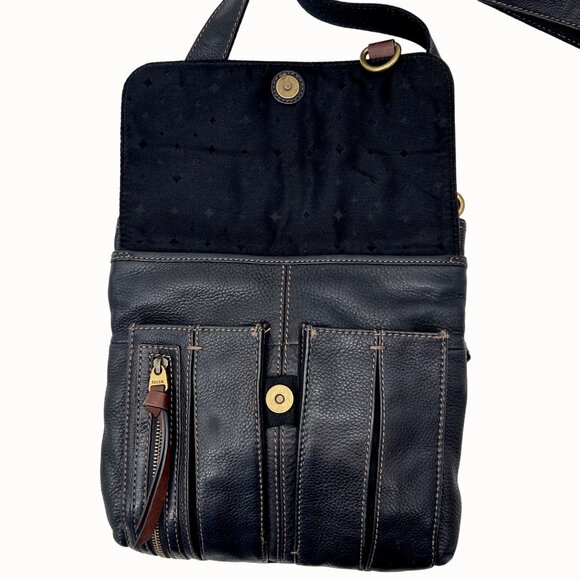 FOSSIL MORGAN TRAVELLER BLK PEBBLED LEATHER ORGANIZER CROSSBODY MESSENGER BAG - Picture 3 of 12